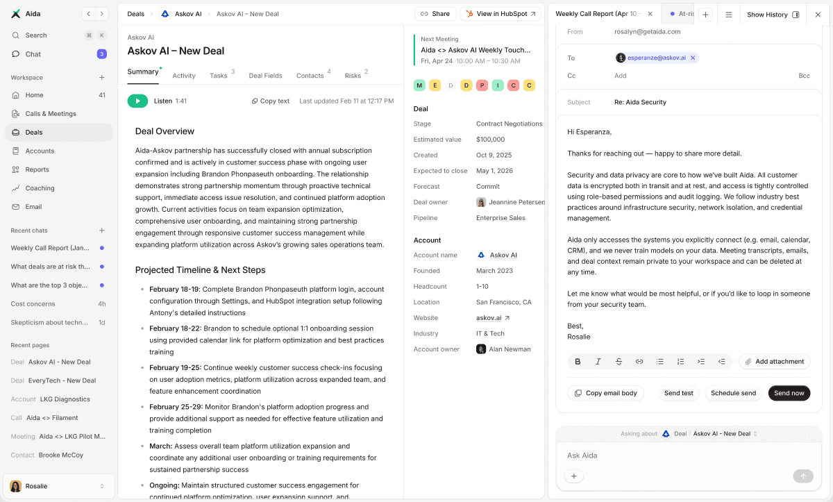 Aida deal view: AI-written deal overview, deal fields, and a drafted follow-up email